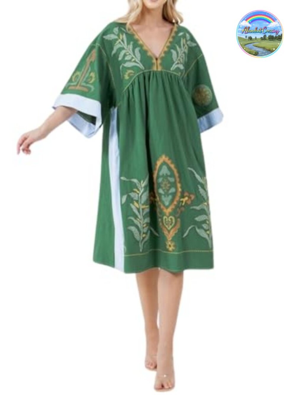 Cotton Linen Blend Floral Embroidered Babydoll Dress V-Neck 3/4 Sleeve